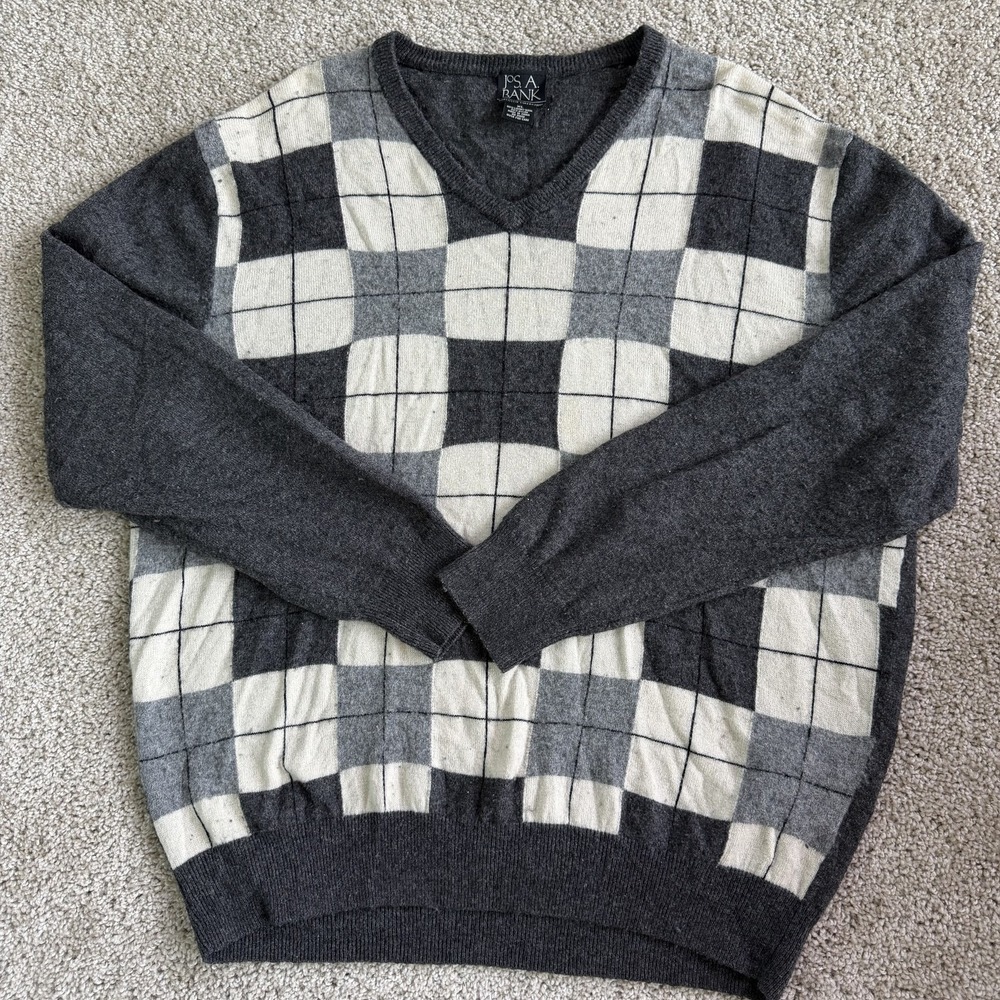 Jos. A. Bank Sweater Mens XL Gray Check Tight Knit V Neck Pullover Wool Casual